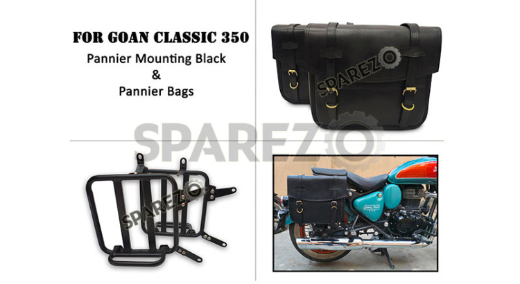 For Royal Enfield Goan Classic 350 Leather Pannier Black Bags With Mounting - SPAREZO
